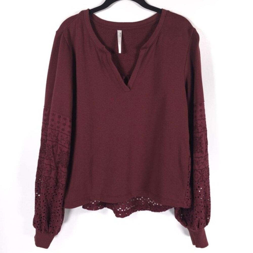Anthropologie Plum Eyelet Yoke VNeck Pullover Sweatshirt Ballon Sleeve Top SMALL